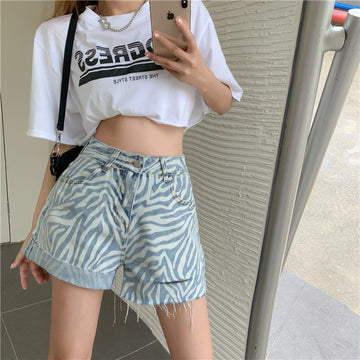 Jeans Women''S High Waisted Slim Loose Straight Shorts Summer Zebra Grain Slim Wide Leg Pants - ZenWearables