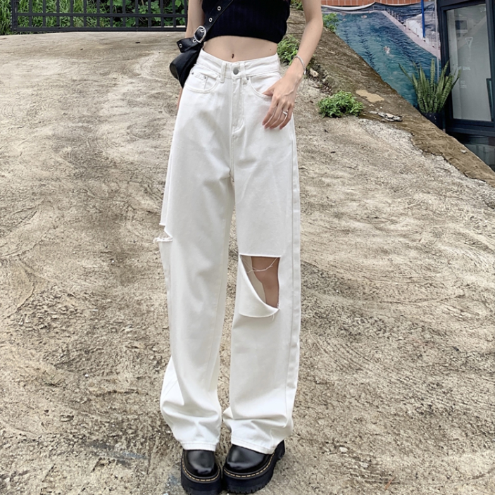 White Hole Straight Jeans Women''s Summer Ins Small Loose - ZenWearables