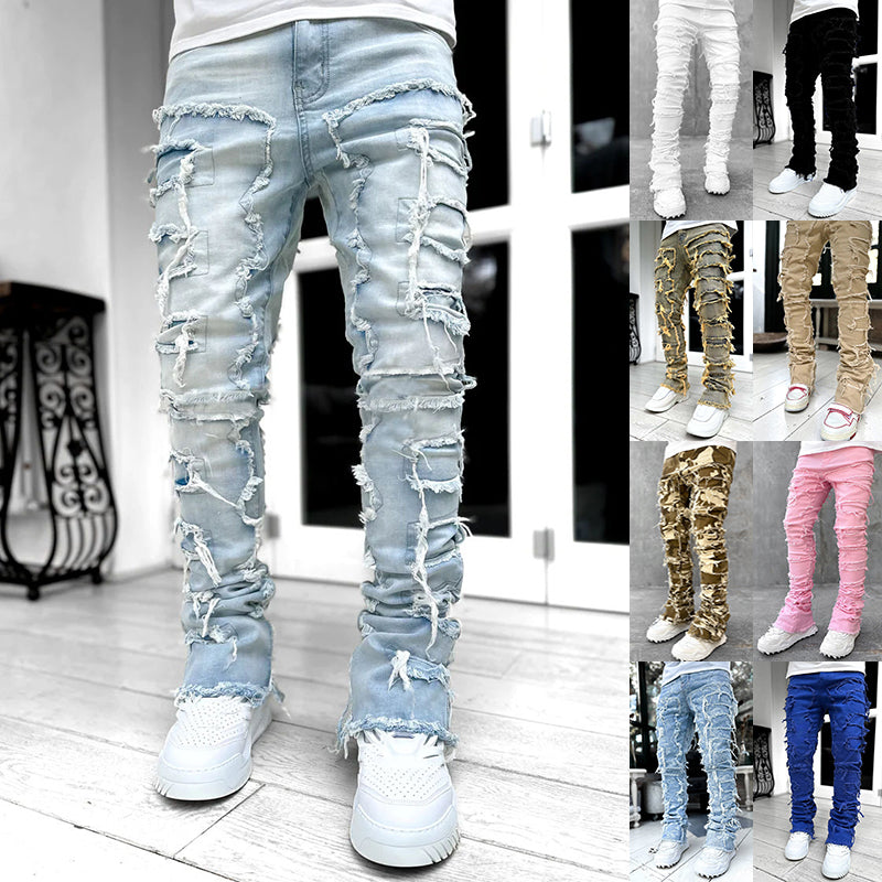 Men Trousers Individual Patched Pants Long Tight Fit Stacked Jeans For Mens Clothing - ZenWearables