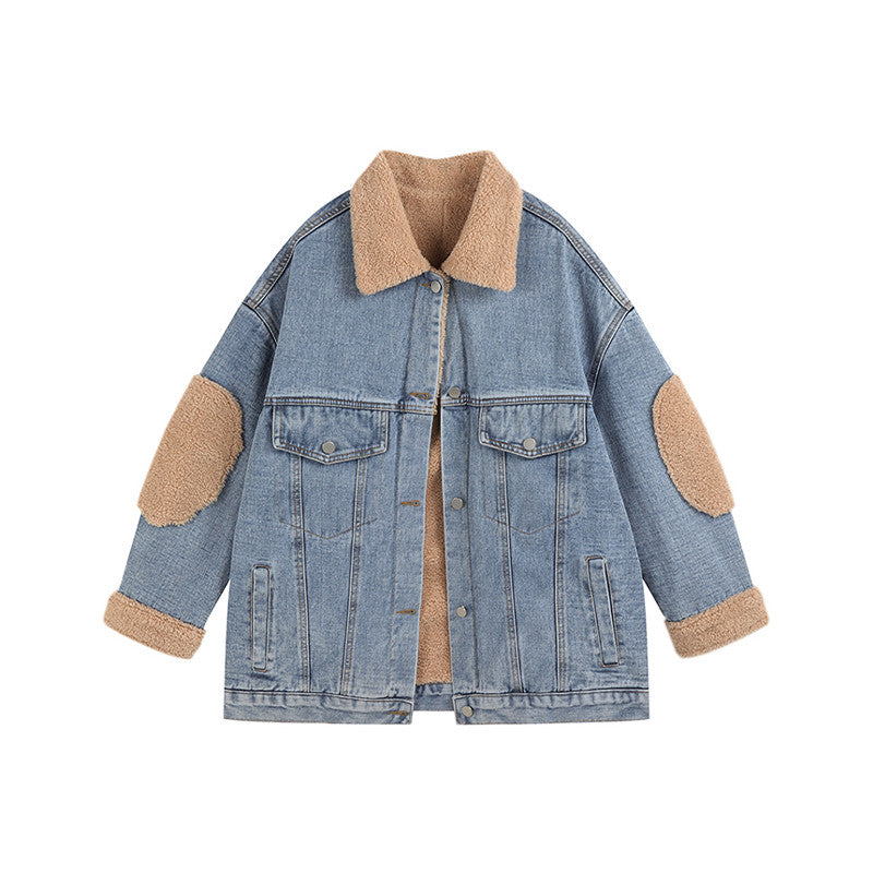 Denim Lamb Wool Loose Stitching Design Plus Velvet Cotton Jacket - ZenWearables