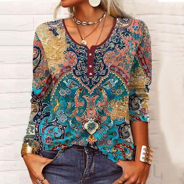 Geometric Floral U-neck Button Personality Retro Long Sleeve - ZenWearables