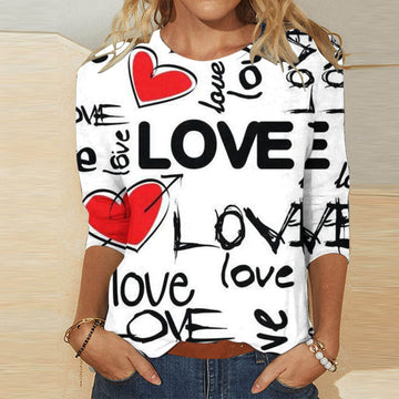 Valentine's Day Female With Hearts Printing Crew Neck T-shirt Top - ZenWearables