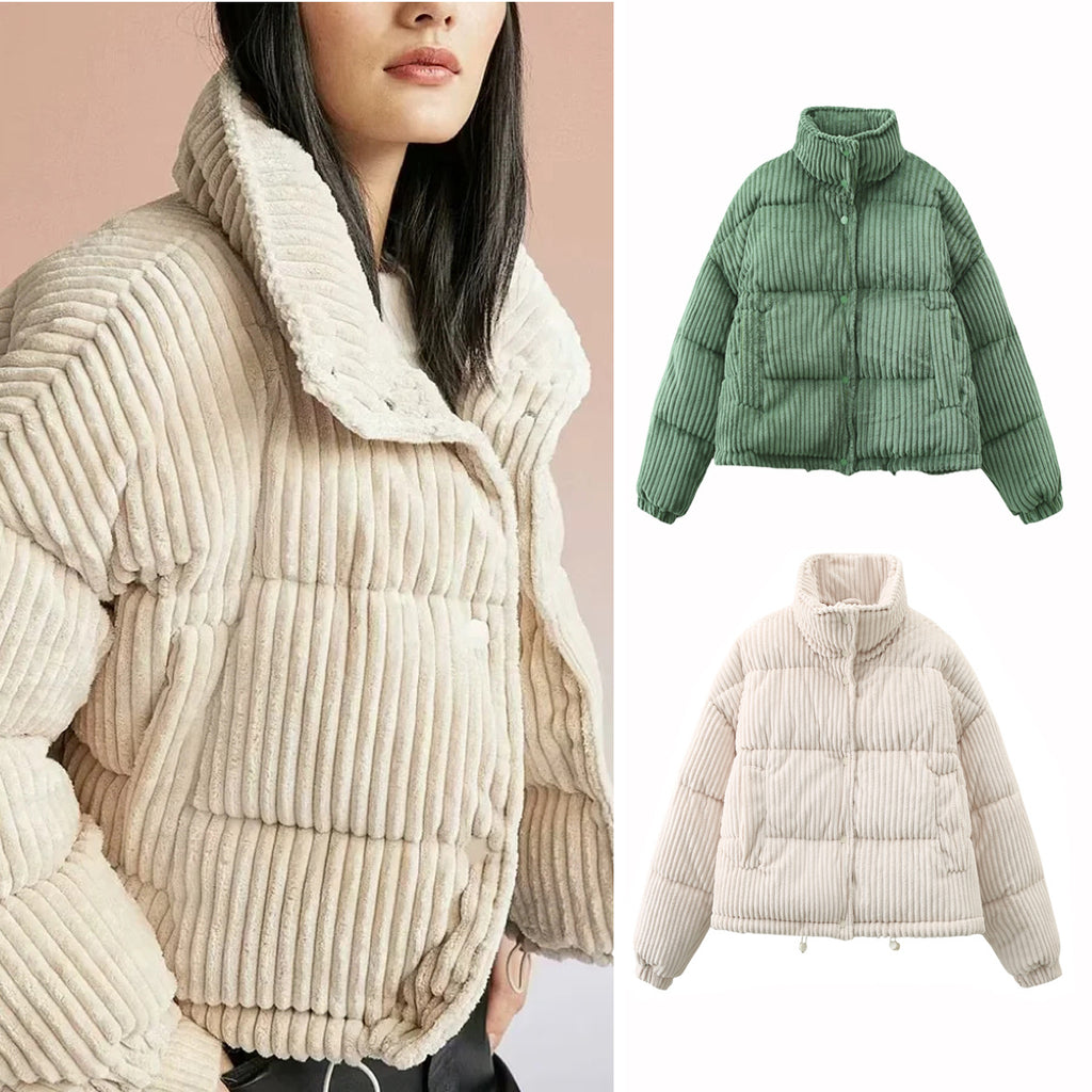 Warm Corduroy Puffer Jacket Coat Short Loose Cotton Coat - ZenWearables