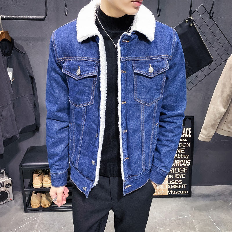 Plush Thick Denim Jacket Male Lamb Wool Denim Cotton Jacket Plus Size - ZenWearables