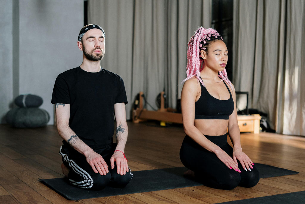 Two individuals practicing yoga in a serene setting. One person is performing a balancing pose on a yoga mat, while the other is engaged in a stretching posture.